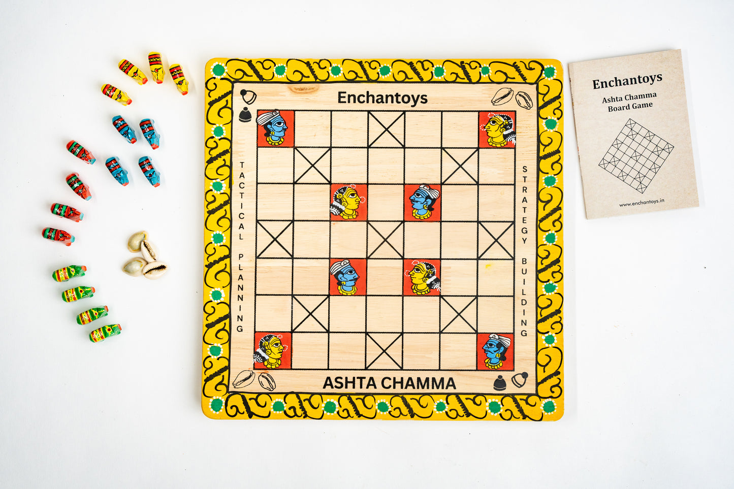 Handpainted Ashta Chamma Peeta Board Game with Traditional Elephant Coins