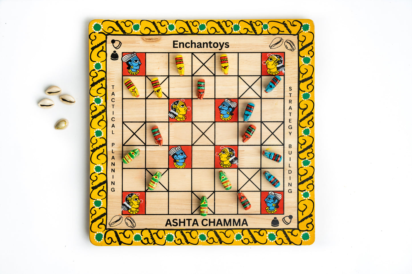 Handpainted Ashta Chamma Peeta Board Game with Traditional Elephant Coins