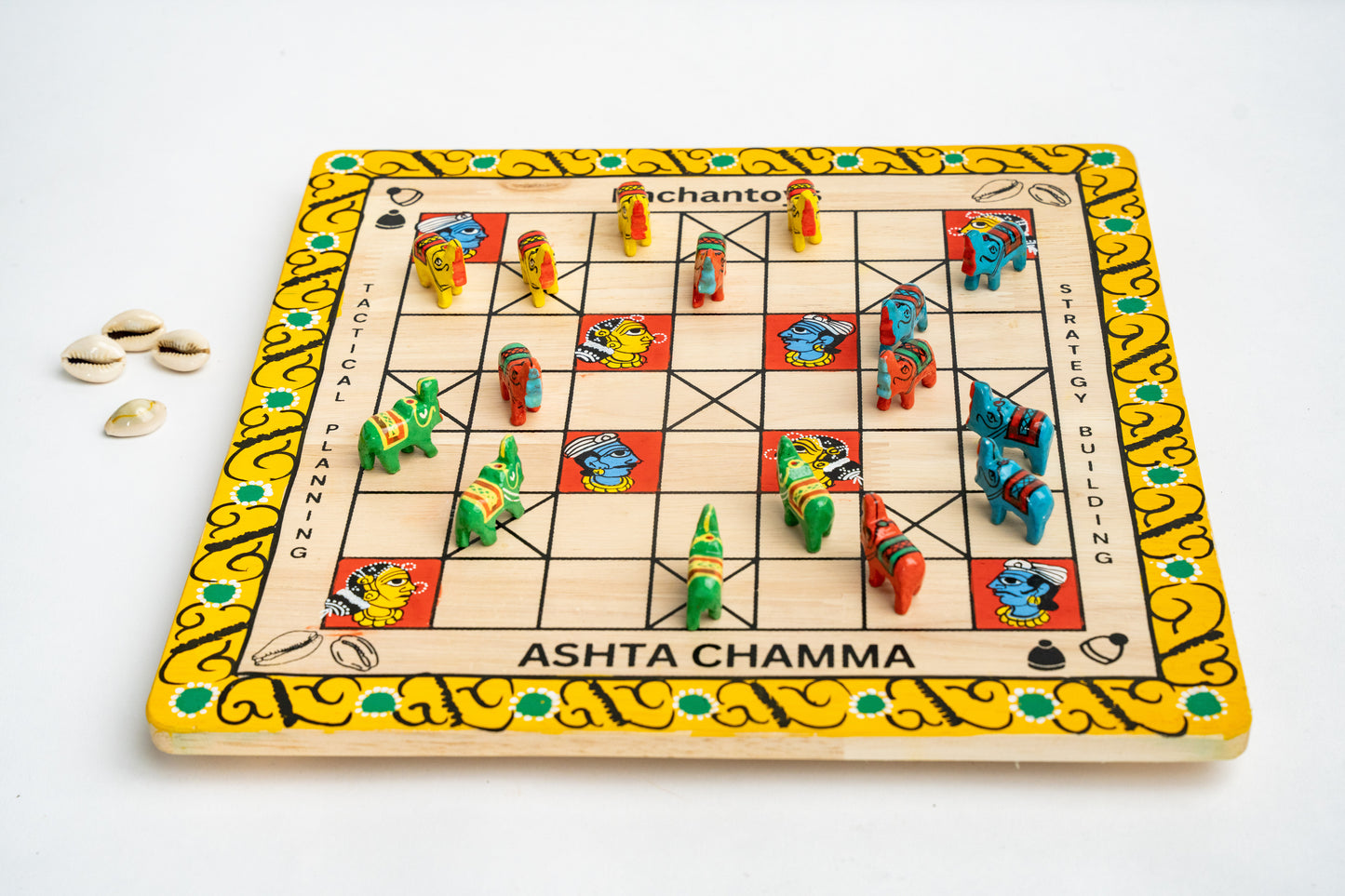 Handpainted Ashta Chamma Peeta Board Game with Traditional Elephant Coins