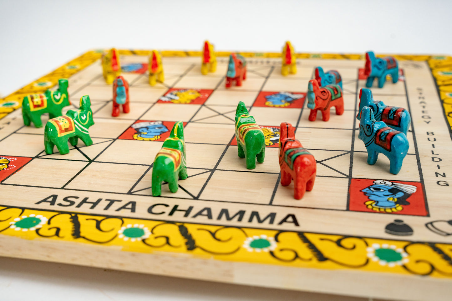 Handpainted Ashta Chamma Peeta Board Game with Traditional Elephant Coins
