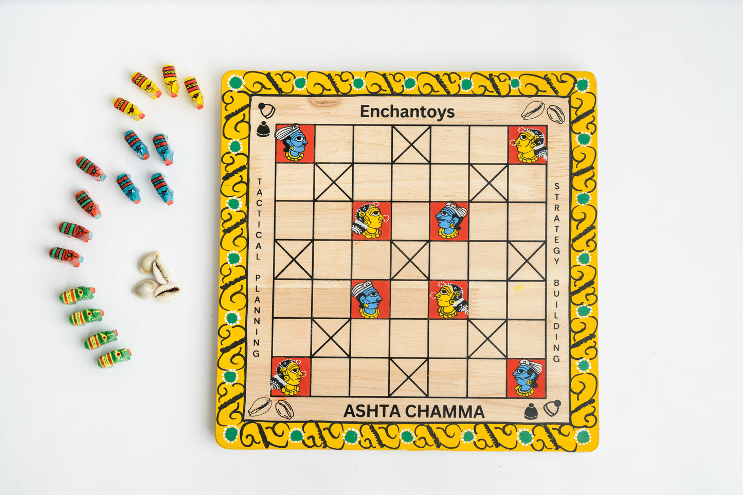 Handpainted Ashta Chamma Peeta Board Game with Traditional Elephant Coins
