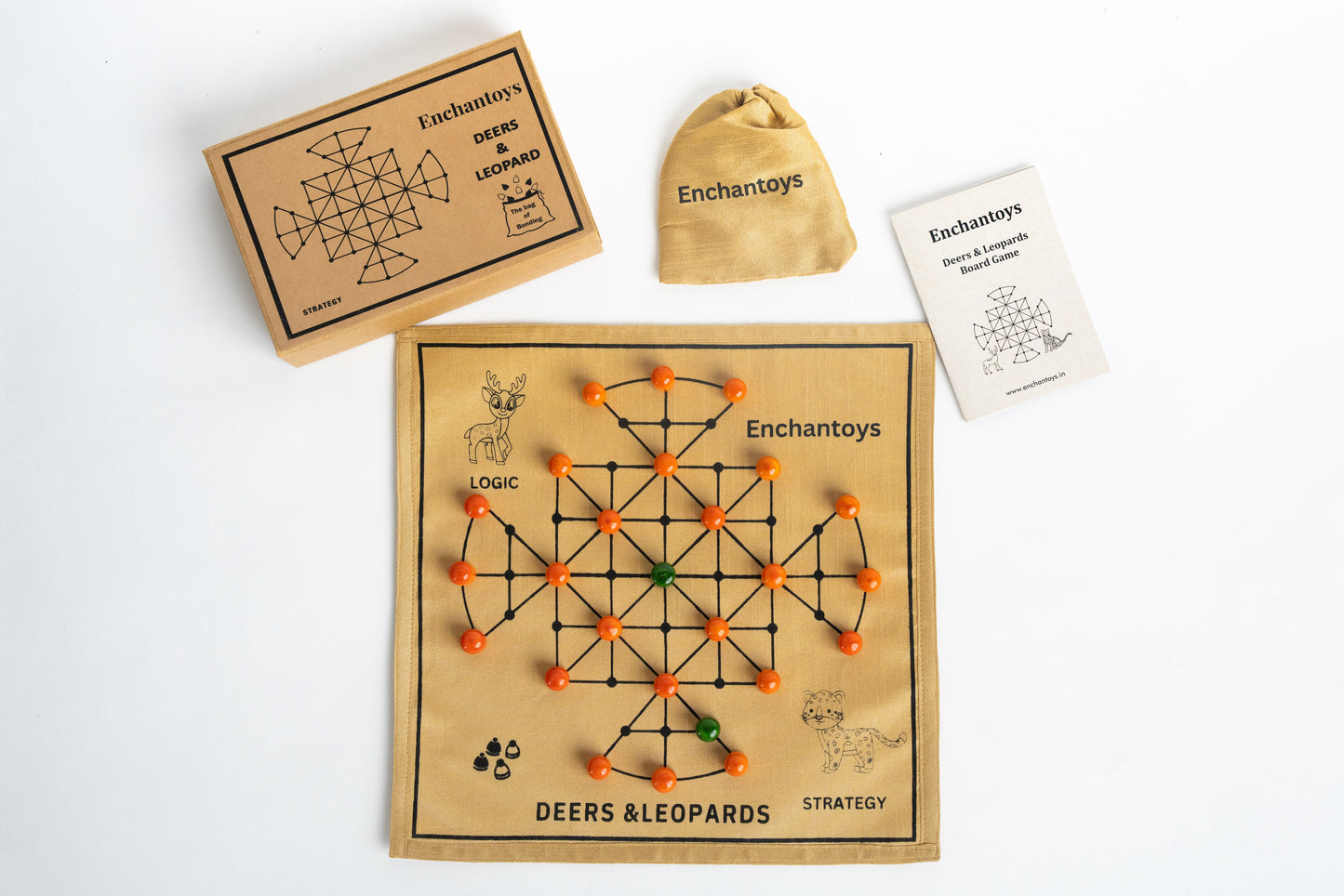 Deers and Leopard – Handcrafted Strategy Game on Raw Silk
