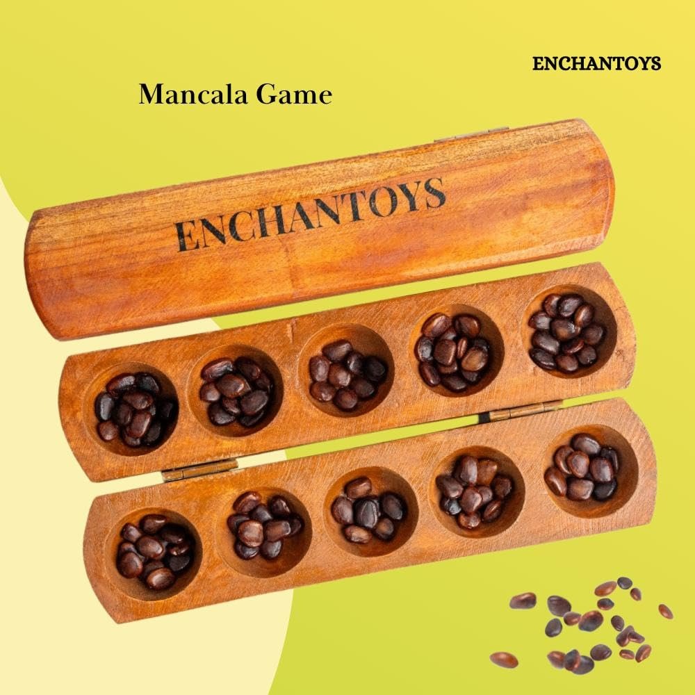 5 pits Enchantoys traditional wooden mancala board showing polished wood surface and curved play cups