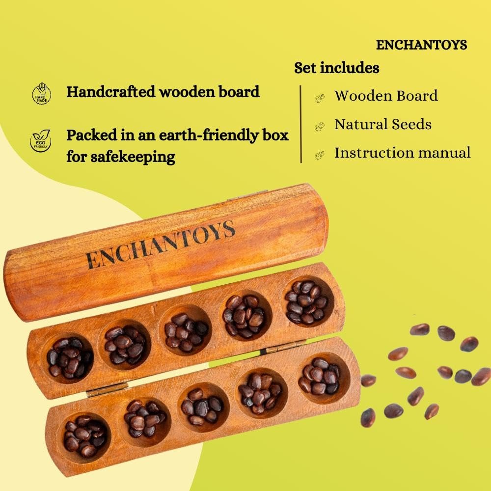 Foldable Enchantoys 5-pit mancala game board in compact wooden box form for storage or cultural gifting