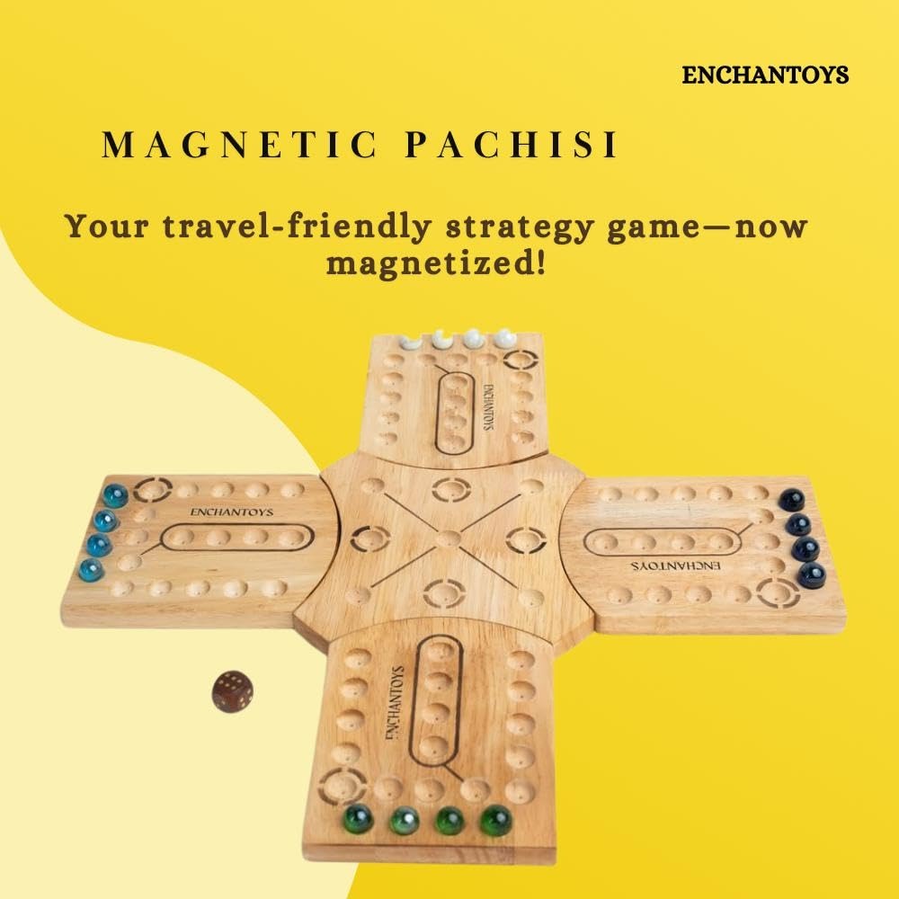 * Magnetic Pachisi game board with vibrant hand-painted wooden surface and pachikalu pieces