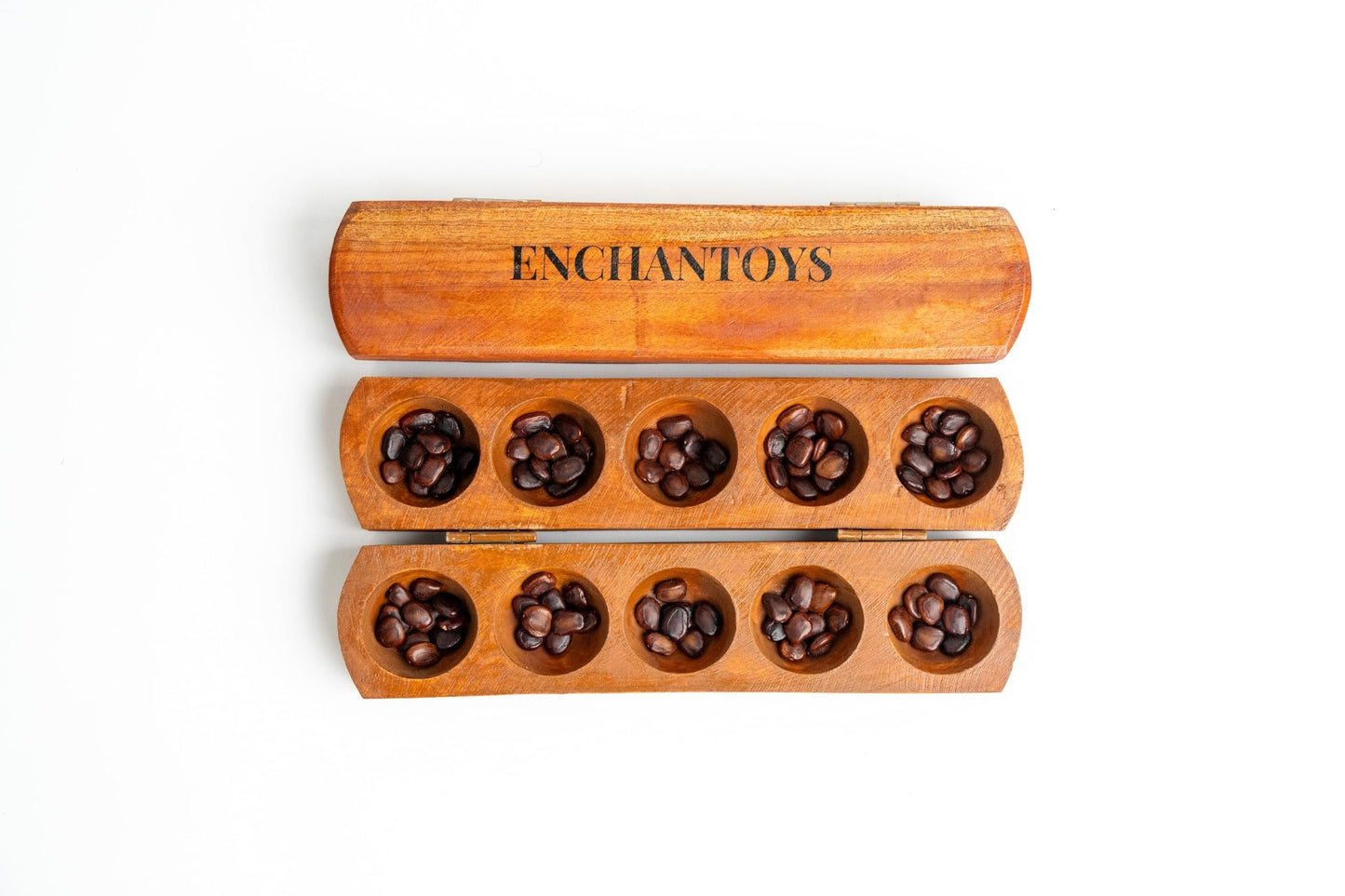 Handcrafted Enchantoys 5-pit Vamanaguntalu mancala board game with foldable wooden box design