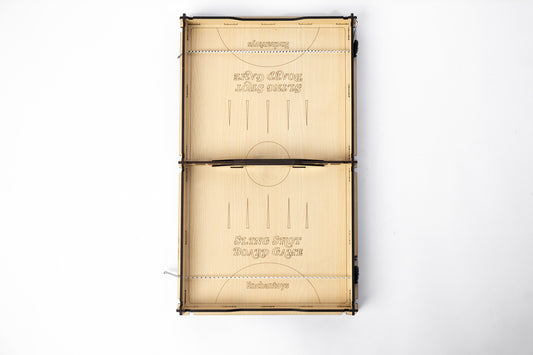 A labeled Sling Shot Board Game with a wooden surface and a set of instructions printed on it.