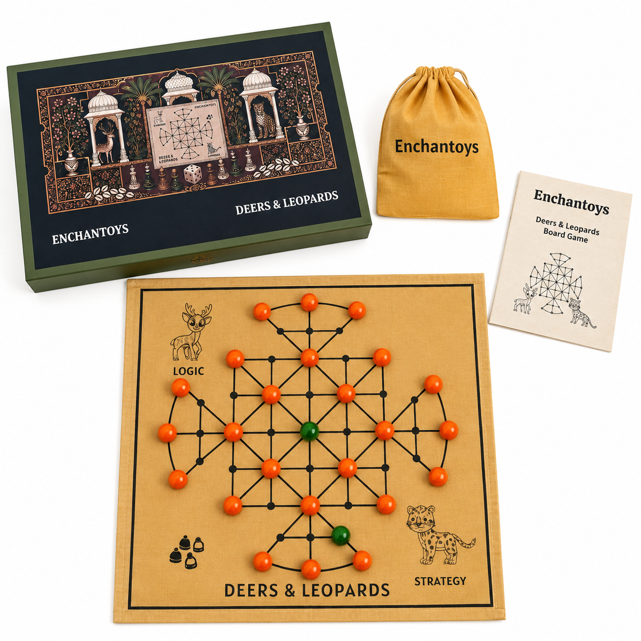 Deers and Leopard – Handcrafted Strategy Game on Raw Silk