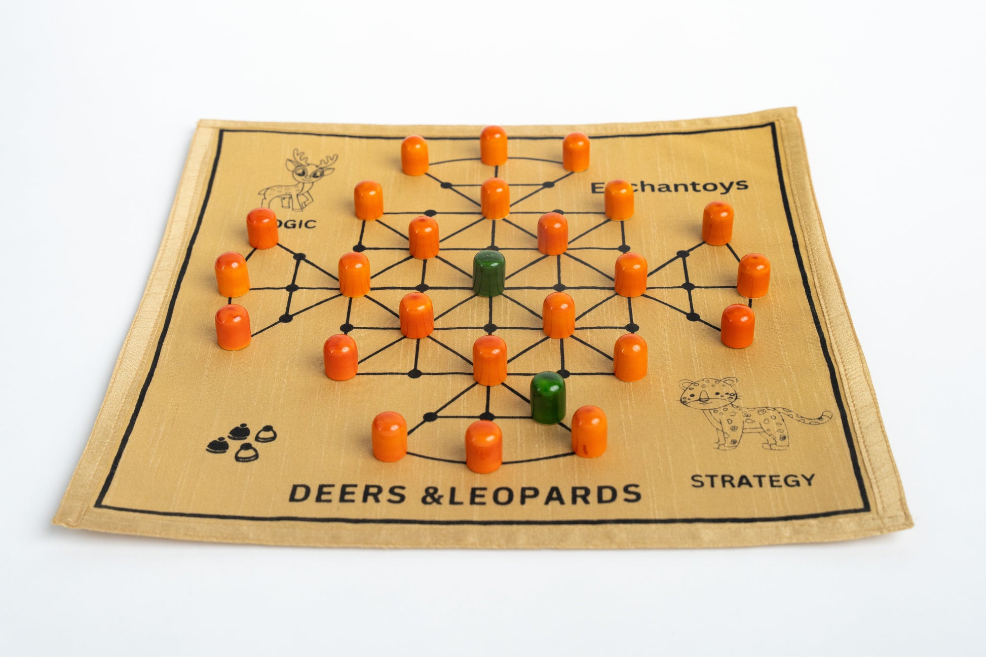 Deers and Leopard – Handcrafted Strategy Game on Raw Silk