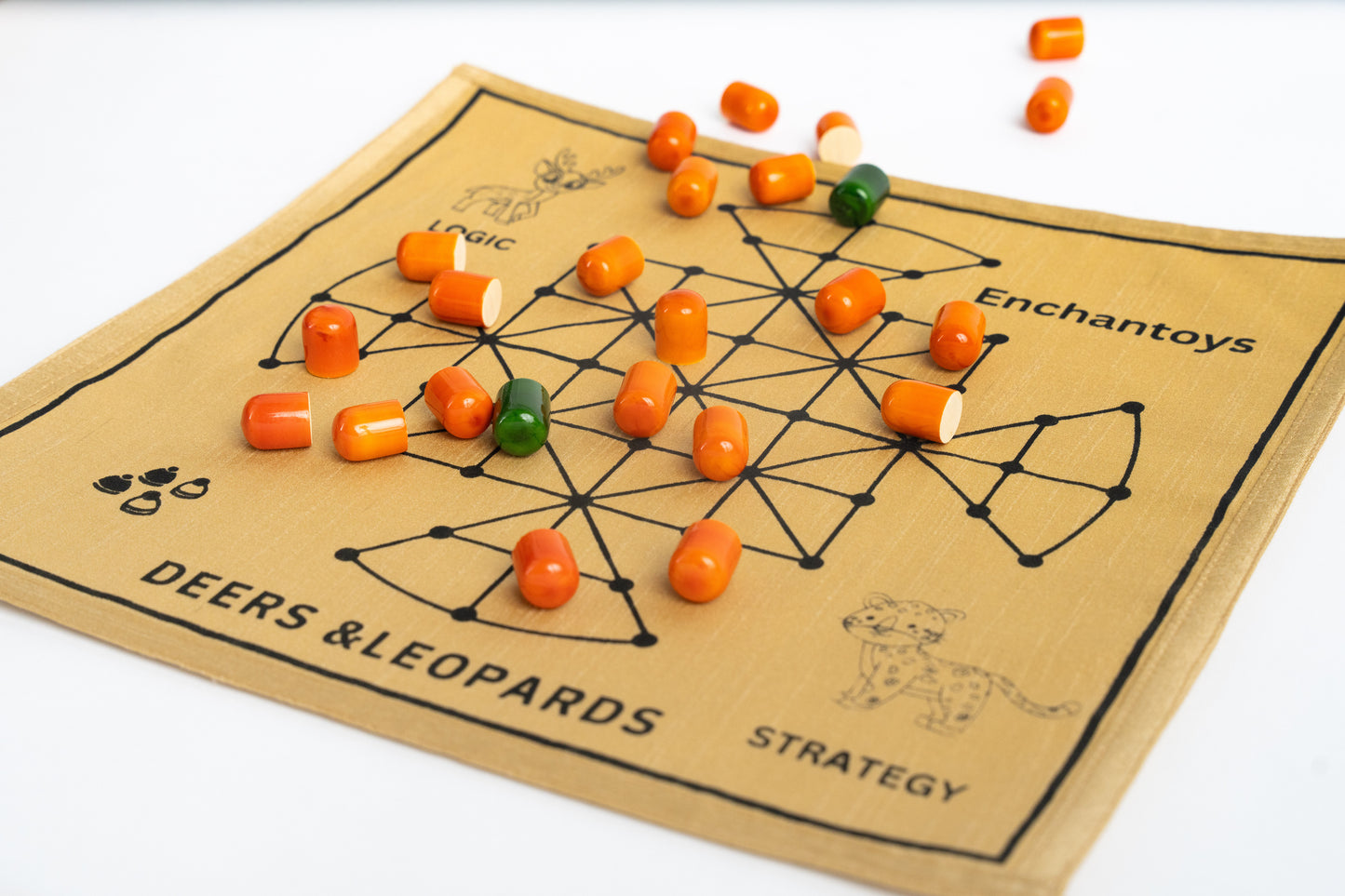 Deers and Leopard – Handcrafted Strategy Game on Raw Silk