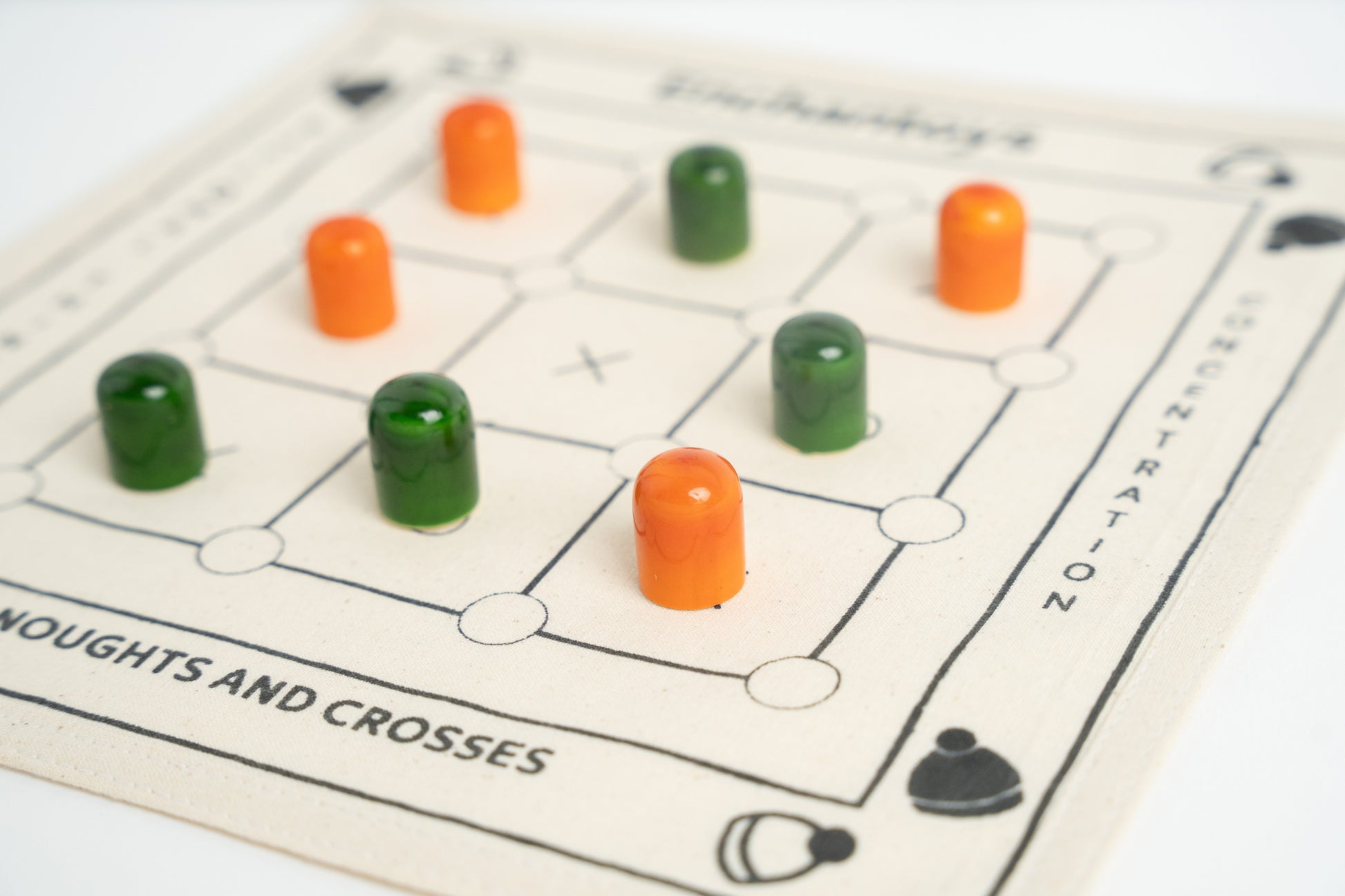 Enchantoys Noughts and Crosses cotton cloth board game with classic 3x3 grid and handmade wooden coins
