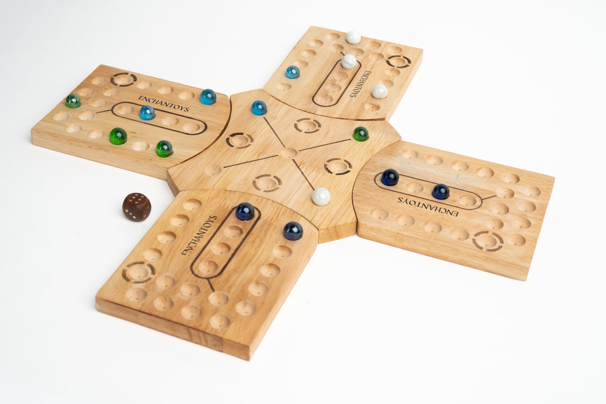 * Enchantoys magnetic wooden Pachisi board game with hand-painted design, pachikalu tokens, and dice
