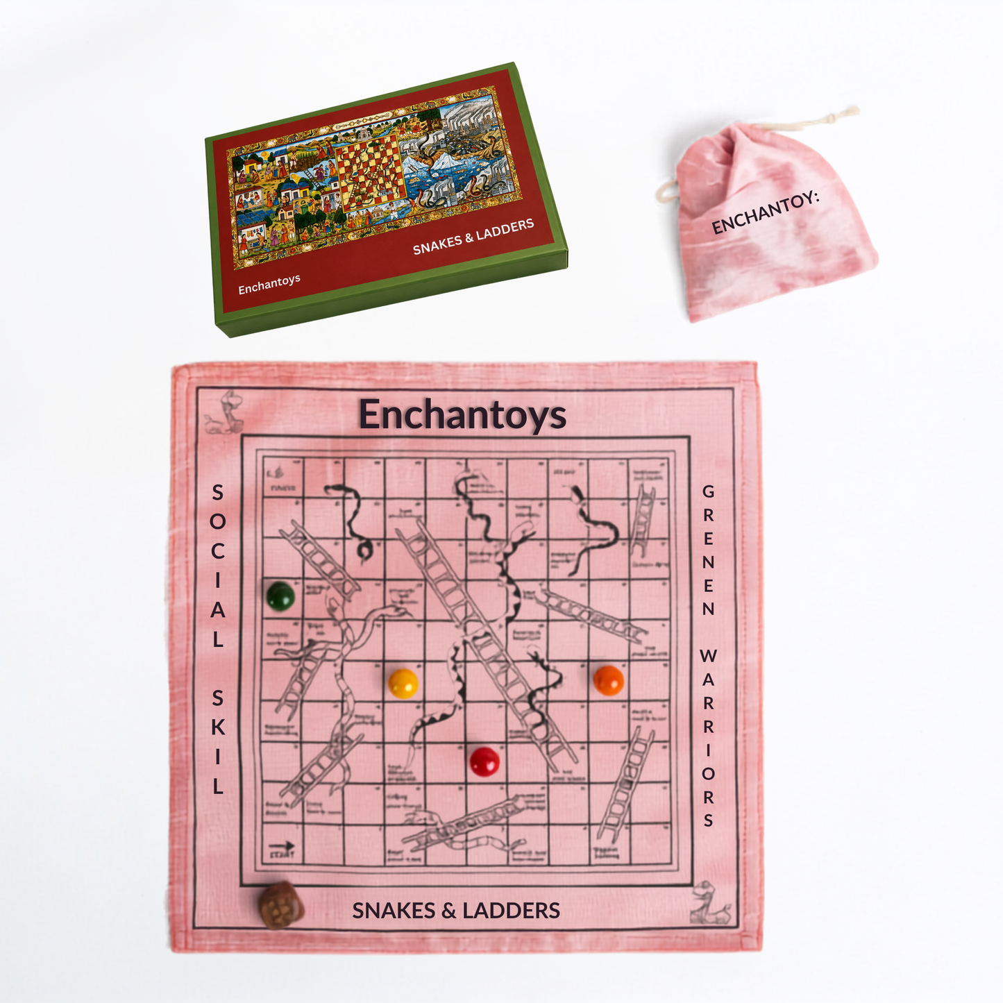 Snakes and Ladders Native Game on Raw Silk – Handcrafted, Eco-Friendly, Traditional Indian Board Game for Kids & Adults