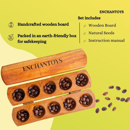 Foldable Enchantoys 5-pit mancala game board in compact wooden box form for storage or cultural gifting
