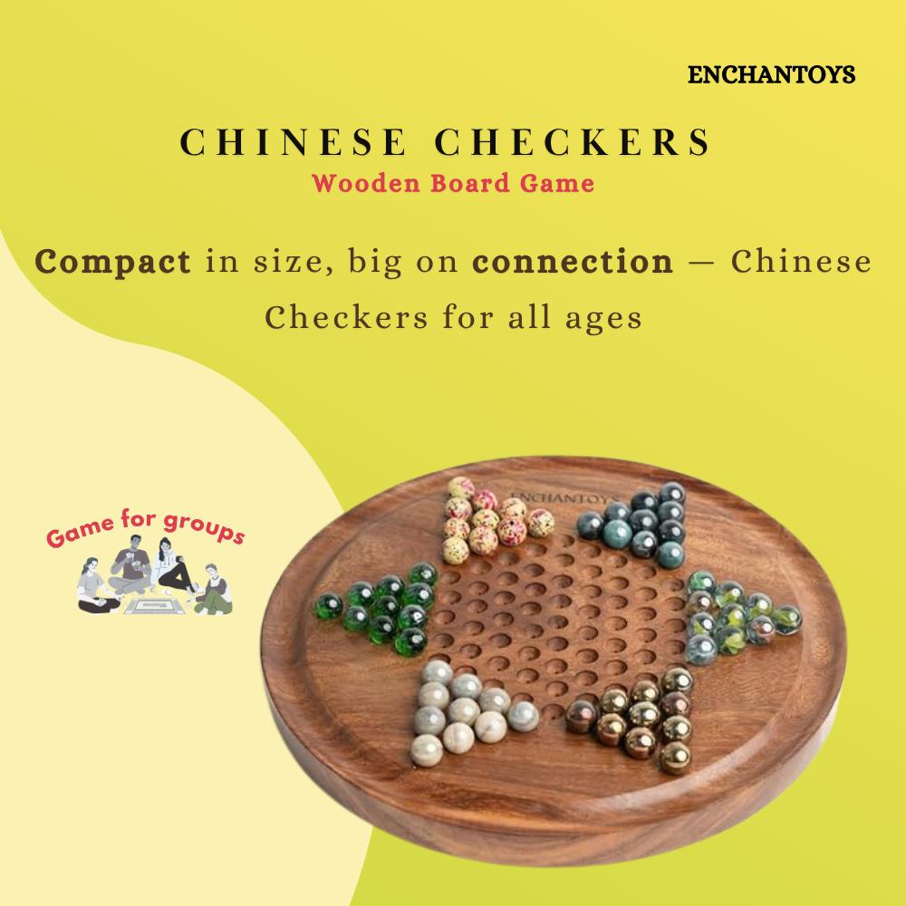 Wooden Chinese checkers game with colorful pieces on a yellow background, branded as Enchantoys.