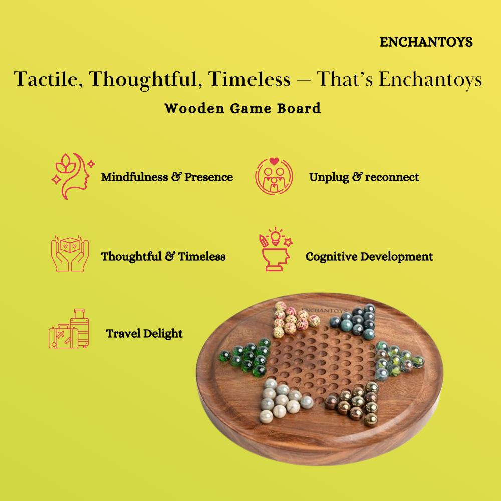 Wooden game board with colorful pieces on a yellow background, featuring Enchantoys branding and product features.
