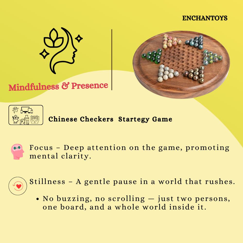 Wooden Chinese Checkers strategy game with Enchantoys branding