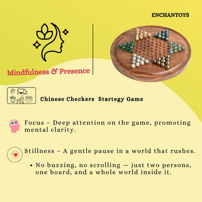 Wooden Chinese Checkers strategy game with Enchantoys branding
