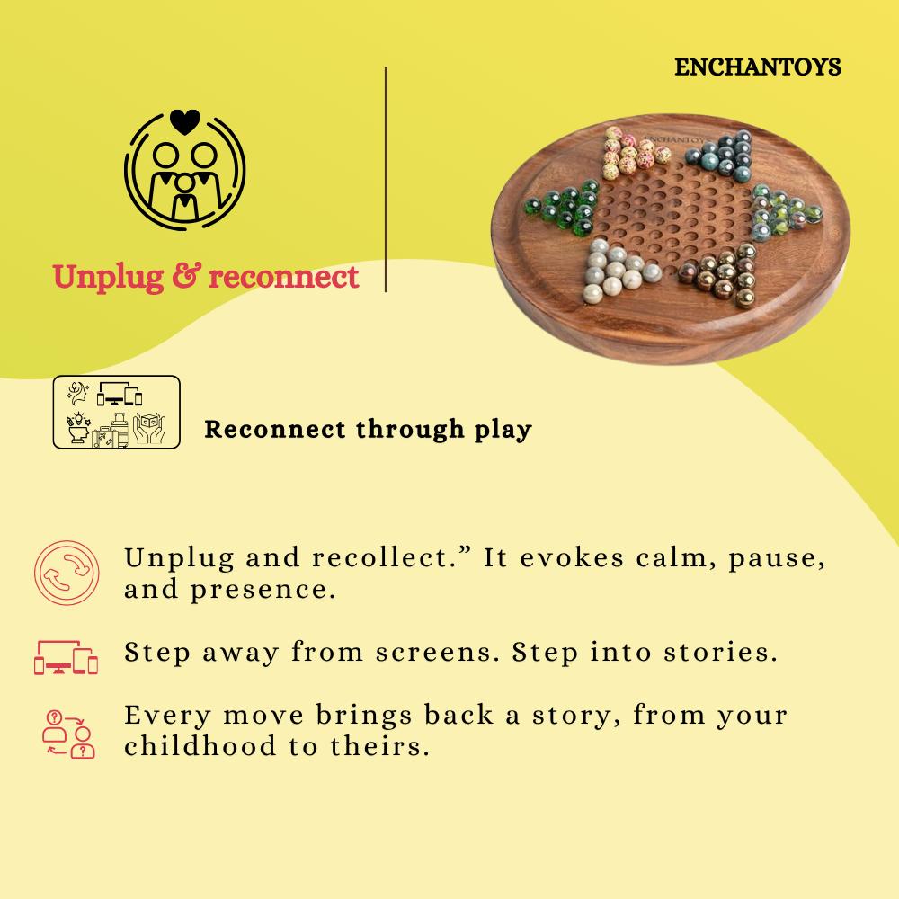 Wooden board game with beads on a yellow background, featuring Enchantoys branding and text about unplugging and reconnecting through play.