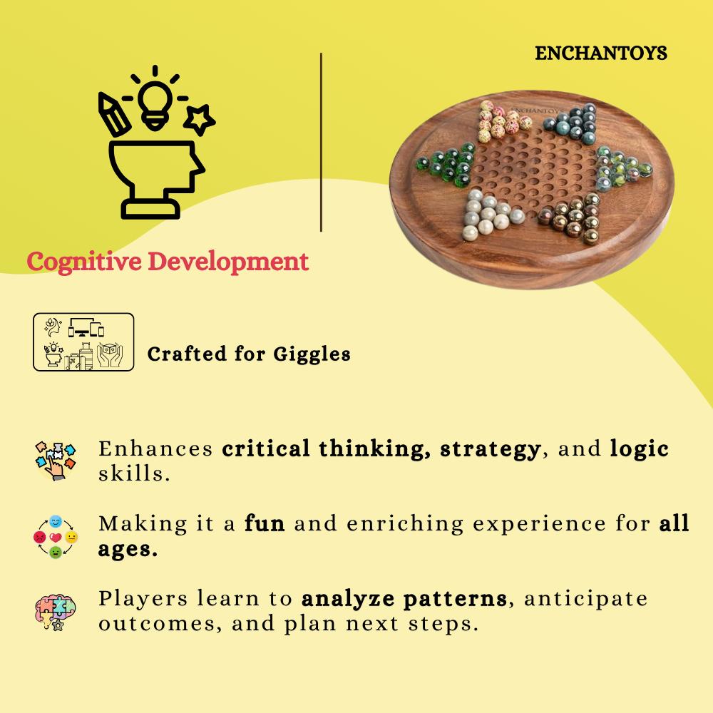 Wooden board game with text about cognitive development and Enchantoys branding.