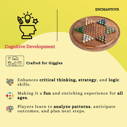 Wooden board game with text about cognitive development and Enchantoys branding.