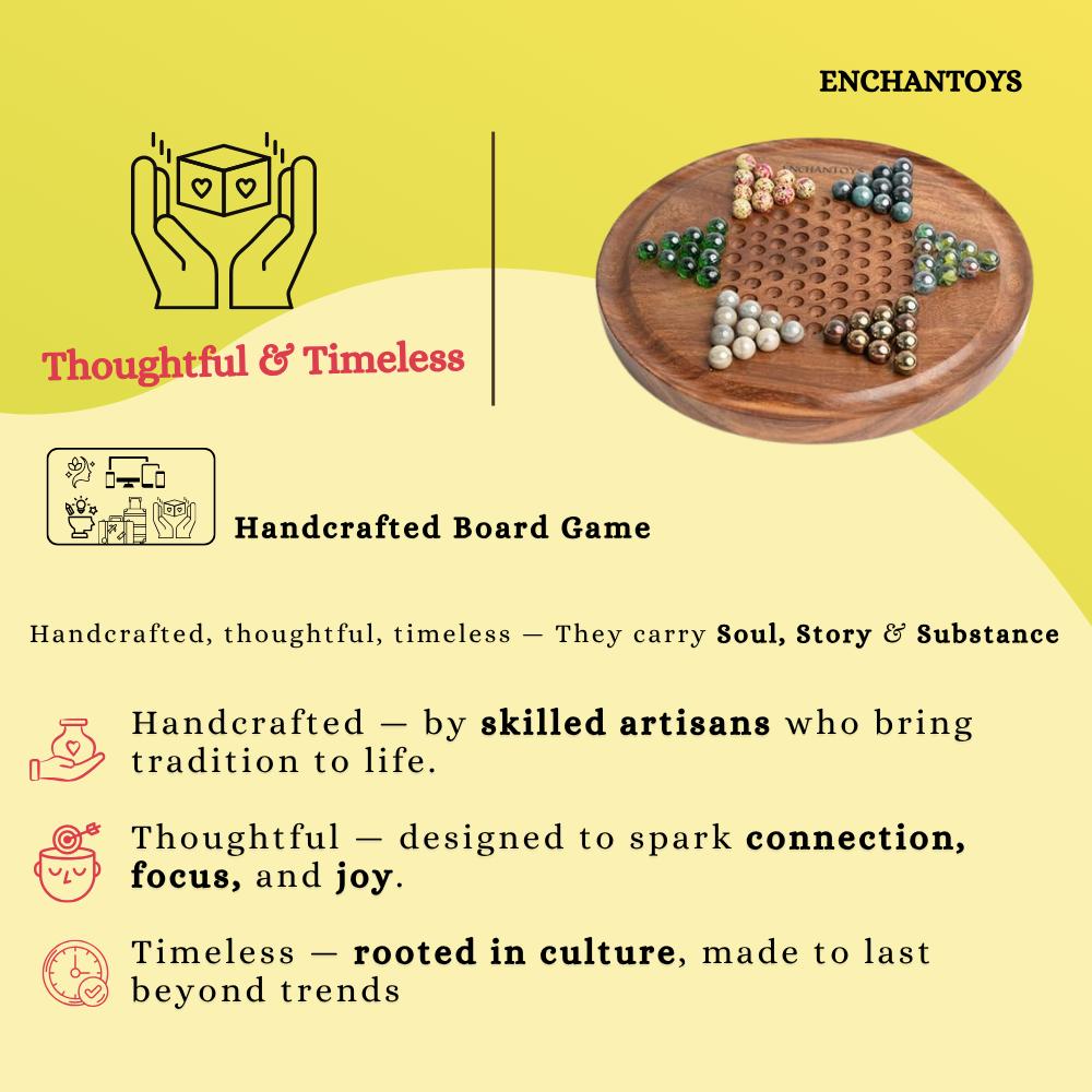 Handcrafted board game with text about thoughtful and timeless design 