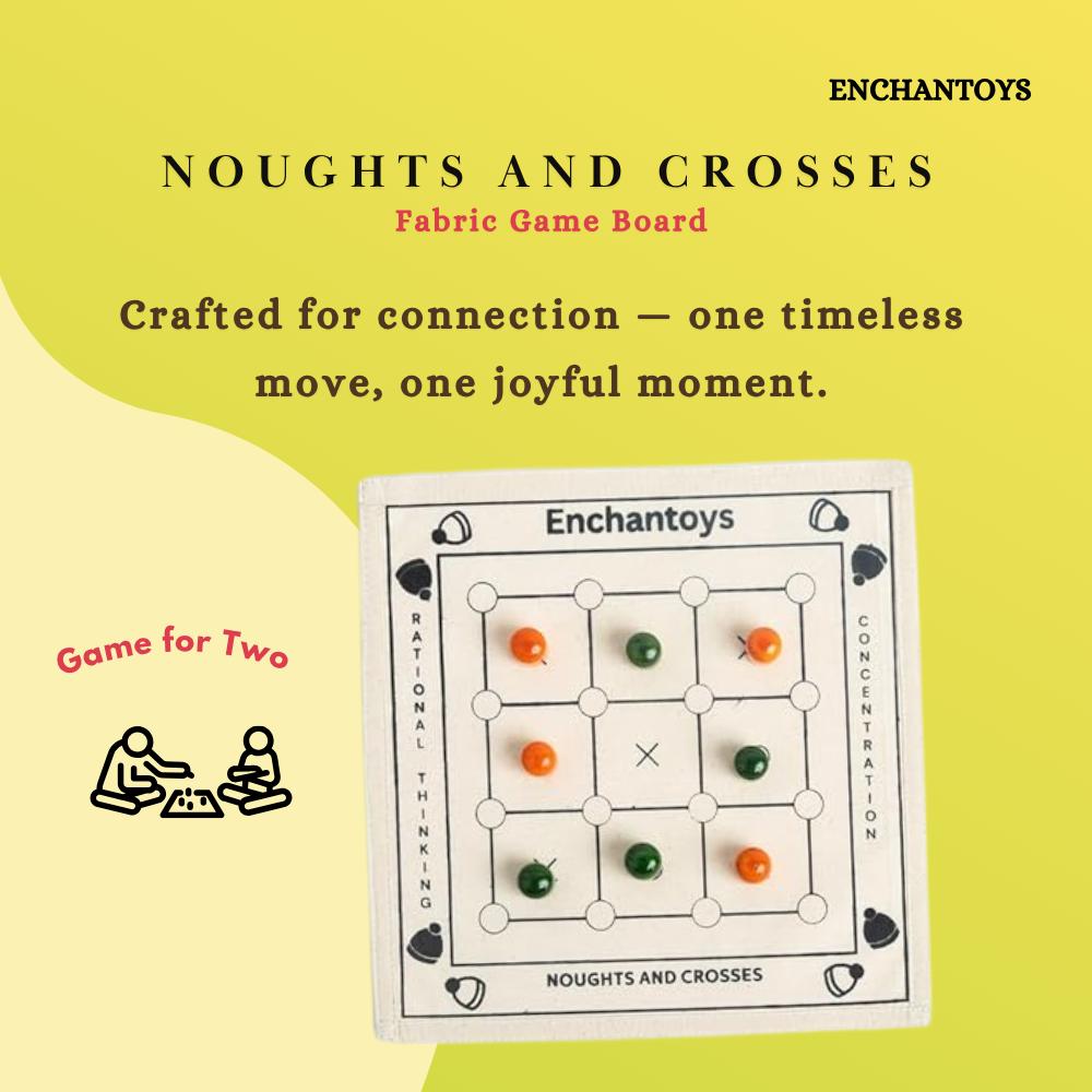Fabric game board for 'Noughts and Crosses' with Enchantoys branding