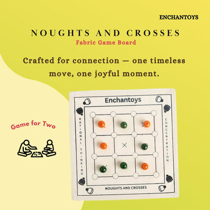 Fabric game board for 'Noughts and Crosses' with Enchantoys branding