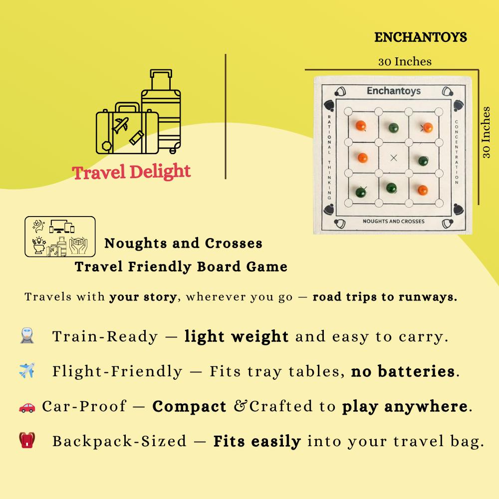 Enchantoys Noughts and Crosses travel-friendly board game packaging with specifications on a yellow background.