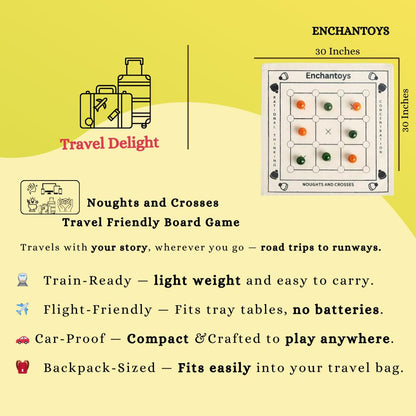 Enchantoys Noughts and Crosses travel-friendly board game packaging with specifications on a yellow background.