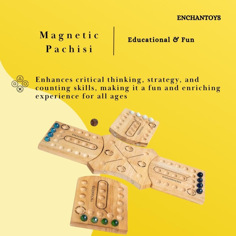 * Magnetically attached pachikalu tokens on Enchantoys wooden Pachisi board with traditional cross pattern
