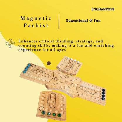 * Magnetically attached pachikalu tokens on Enchantoys wooden Pachisi board with traditional cross pattern
