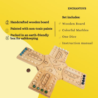 * Enchantoys magnetic Pachisi board game set with hand-painted board, colorful pachikalu, dice, and cloth pouch
